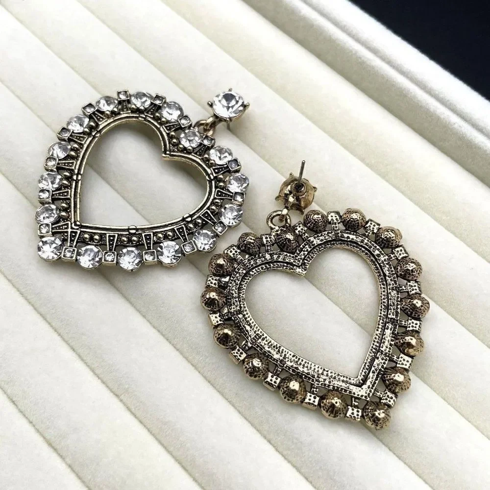 Antique Yellow Gold with White Diamond Crystal Open Heart Dangling Post Earrings
